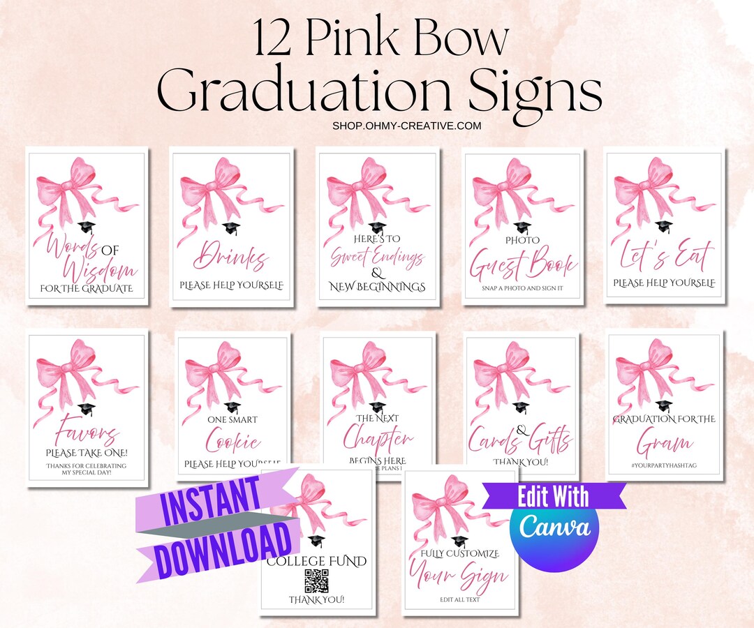 Graduationa Signs Pink Pink Bow Graduation Party Sign Bundle Editable Grad Table Signs ...