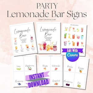 May include: A collection of printable "Lemonade Bar Signs" with watercolor illustrations of lemonade drinks and fruits. The signs include text such as "Lemonade Bar", "Fill a glass with ice, pour lemonade, add syrup, top with fruit", and "Instant Download".