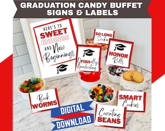 Red Graduation Candy Buffet Kit | Grad Treat Table Signs, Printable Grad Food Signs, Candy Bar Sayings & Tent Cards for Dessert Table Decor