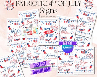 Patriotic 4th of July Signs Bundle, Editable Red White & Blue, Printable Food Drink Labels, Lemonade Drink Menu, BBQ Burger bar,