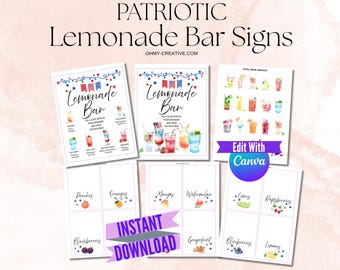 4th Of July Lemonade Bar Menu Signs Printable Bundle, Lemonade Party Decor, Patriotic DIY Drink Station, Digital Download