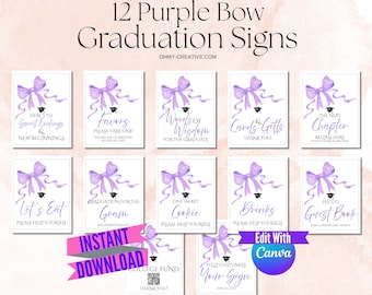 Purple Bow Graduation Party Sign Bundle Editable Grad Table Signs Coquette Graduation Sign Template Bundle Printable Grad Party Signs