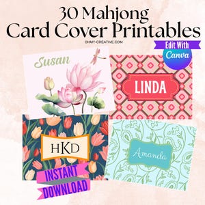 May include: A collection of 30 Mahjong card cover printables featuring various designs including pink lotus flowers with the name Susan, a geometric pink pattern with the name LINDA, a dark floral tulip print with initials HKD, and a light blue paisley pattern with the name Amanda.
