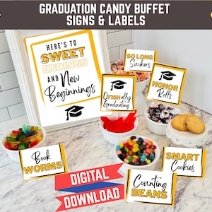 Letreros amarillos para buffet de dulces de graduación, etiquetas para barra de dulces, letreros para barra de dulces de fiesta de graduación, etiquetas para dulces de graduación, letreros dorados para dulces de graduación