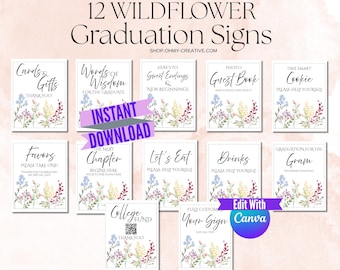 Wildflower Graduation Party Bundle | Editable Floral Grad Decor, Editable Boho Floral Signs, Printable Editable Canva Grad Signs