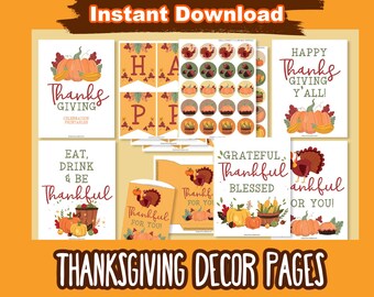 Thanksgiving Printable Decor Bundle, Digital Download, Fall Banner Letters, Friendsgiving Kit