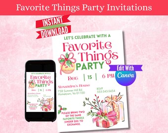 Favorite Things Party Invitation Christmas Party Printable Digital Download Editable Template Pink & Green Girls Night Gift Exchange Invite
