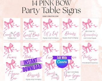 Pink Bow Party Sign Bundle Editable Table Signs Coquette Sign Template Bundle Printable Feminine Party Signs Coquette Party Decor