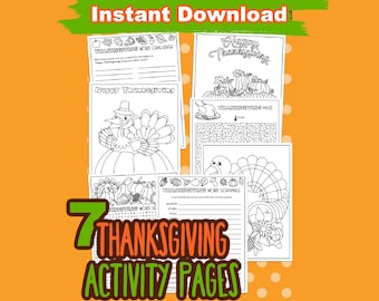 May include: A collection of seven Thanksgiving activity pages, featuring word scrambles, mazes, and coloring pages. The pages are black and white with festive illustrations of turkeys, pumpkins, and the text "Happy Thanksgiving". The words "Instant Download" and "Thanksgiving Activity Pages" are also visible.