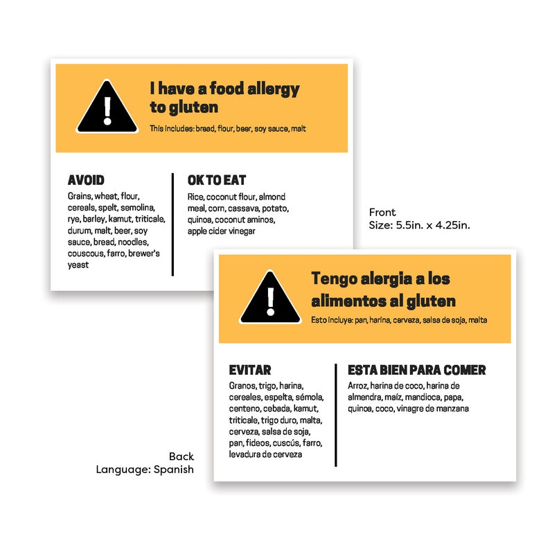 Food Allergy Card Gluten English and Spanish Etsy