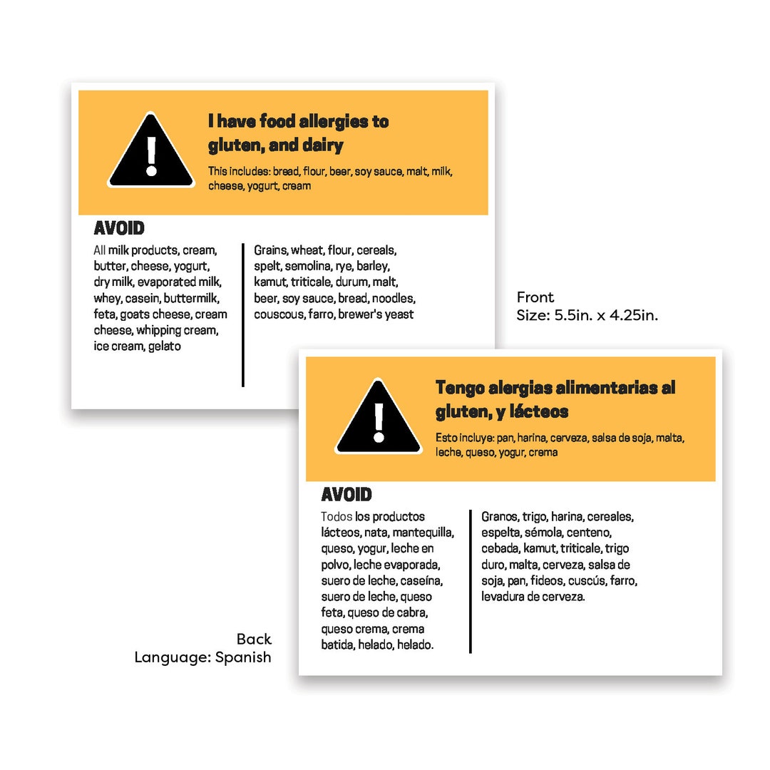 Food Allergy Card Gluten and Dairy English and Spanish Etsy