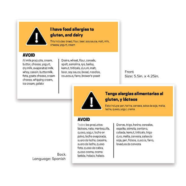 Food Allergy Card - Gluten and Dairy - English and Spanish