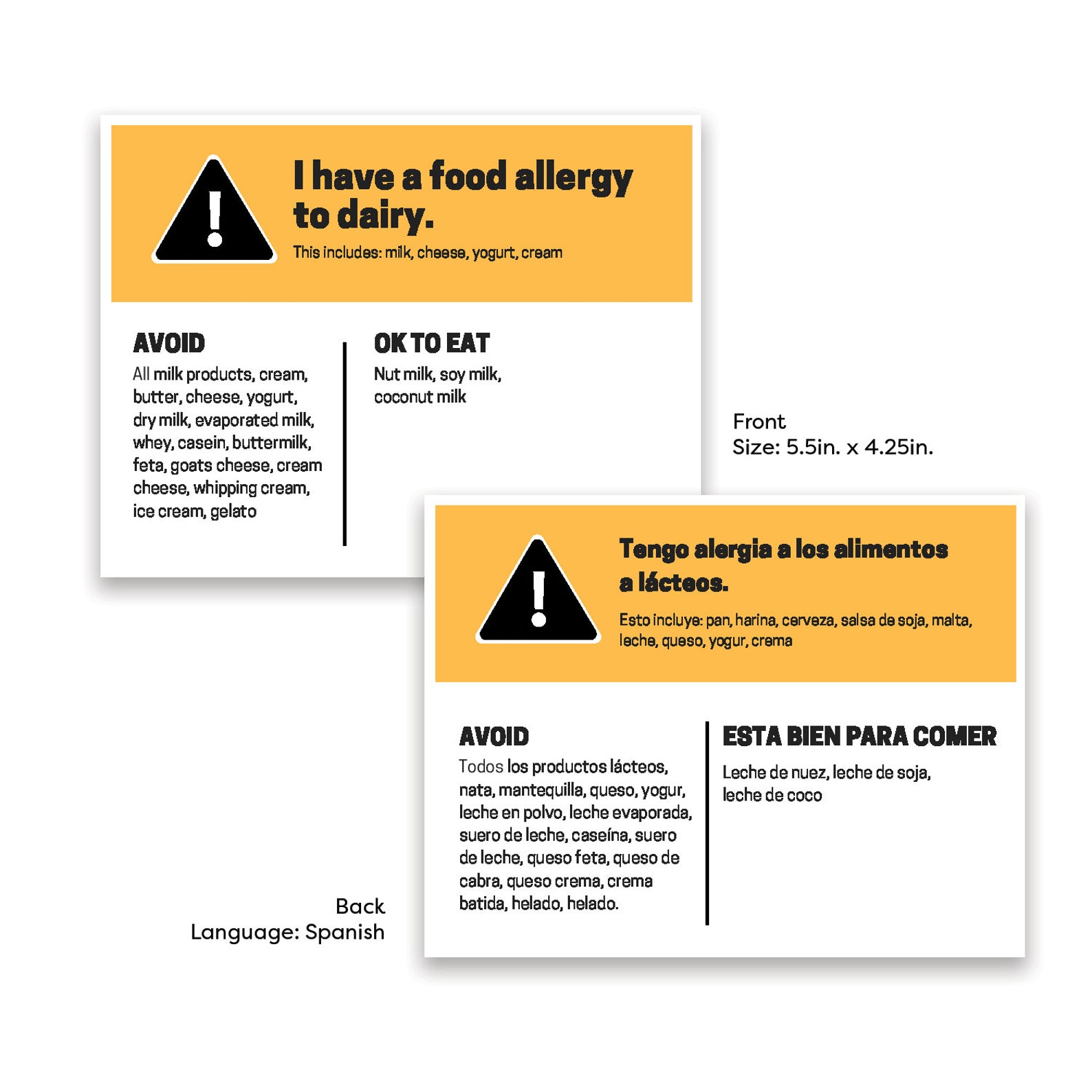 Food Allergy Card Dairy English and Spanish - Etsy