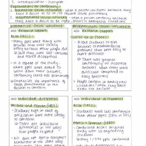 Op de afbeelding: Een handgeschreven educatief diagram over conformiteit, met secties over soorten conformiteit, sociale invloed en individuele verschillen. Belangrijke studies zoals Asch (1951) en Lucas et al. (2006) worden genoemd. De tekst is in zwarte inkt met groene markeringen.