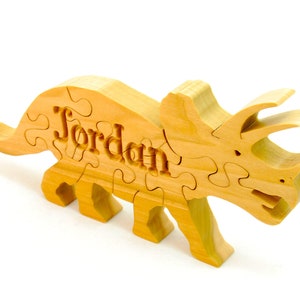 Wooden Dinosaur Puzzle  •  Triceratops Art Shelf Sitter •  Desk Toy  •  Wood Jigsaw  •  Hand cut  •  Stands Up •  Personalize Name Option