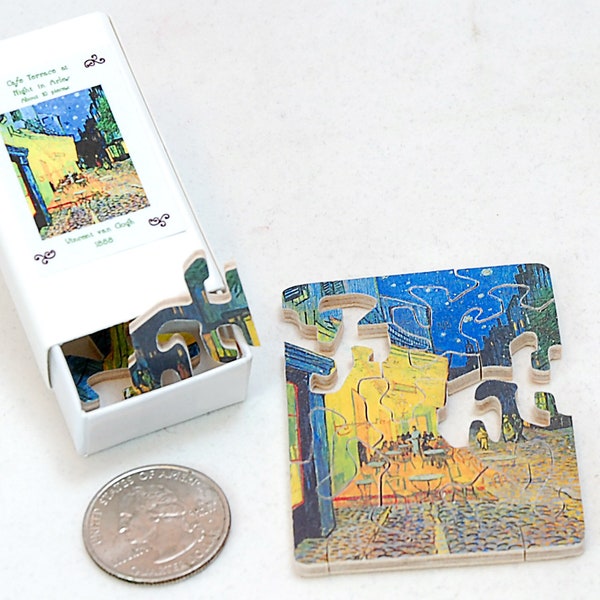 Mini Matchbox Puzzle - Cafe Terrace at Night by van Gogh.  Wooden Jigsaw Puzzle - Pocket sized wood puzzle.  Hand cut.