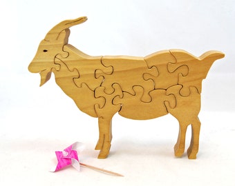 Wooden Goat Puzzle that Stands Up  -  Billy Goat Art Shelf Sitter  -  Animal Desk Toy  -  Wood Goat Jigsaw.