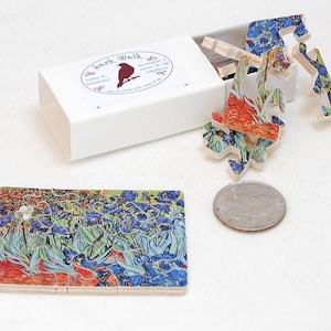 Mini Matchbox Puzzle - Irises by van Gogh.  Miniature Wooden Jigsaw Puzzle - Pocket sized wood puzzle.