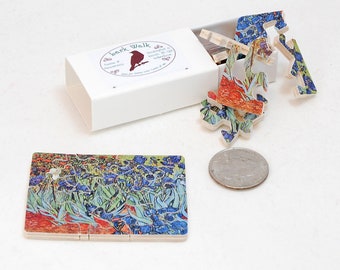 Mini Matchbox Puzzle - Irises by van Gogh.  Miniature Wooden Jigsaw Puzzle - Pocket sized wood puzzle.
