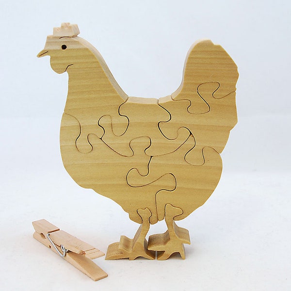 Wooden Hen Puzzle that Stands Up. Chicken Shelf Sitter Art • Animal Desk Toy • Chicken Wood Jigsaw • Personalize • Custom Name Option