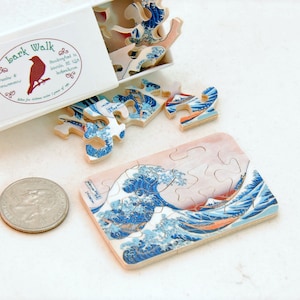 Mini Matchbox Puzzle - The Great Wave by Hokusai.  Miniature Wooden Jigsaw Puzzle • Pocket sized wood puzzle • Kanagawa oki nami ura, 1833.
