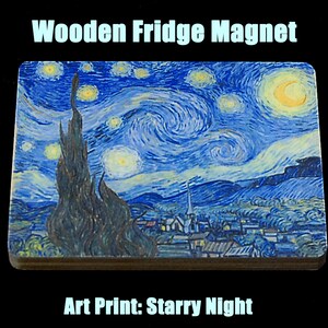 Starry Night Magnet.   Hand-cut wooden fridge magnet. Van Gogh Art Print Magnet.