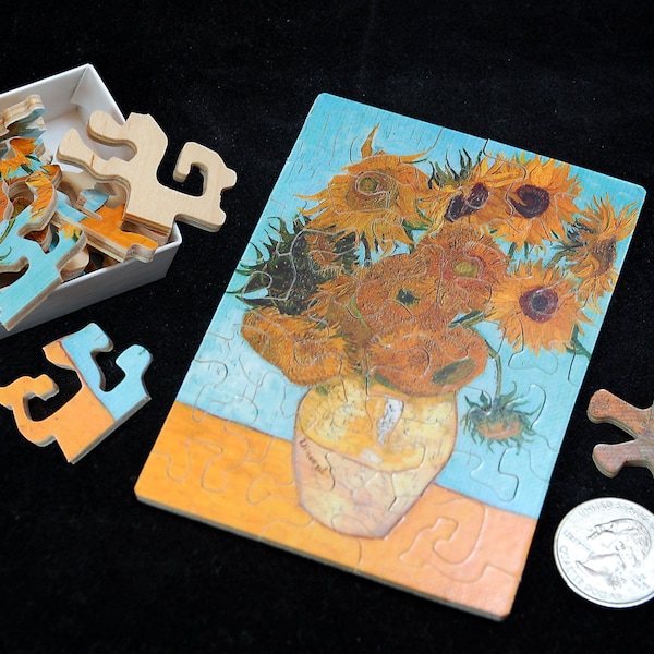 Medium Matchbox Puzzle  •  Twelve Sunflowers Vincent Van Gogh  •  Small Wooden Jigsaw  •  Pocket sized wood puzzle •  20+ pieces •  Hand cut