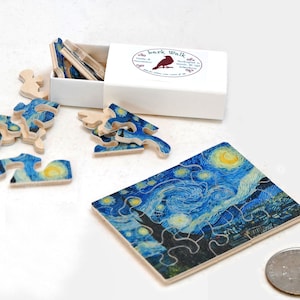 Mini Matchbox Puzzle - Starry Night by van Gogh.  Miniature Wooden Jigsaw Puzzle - Hand cut wood puzzle.