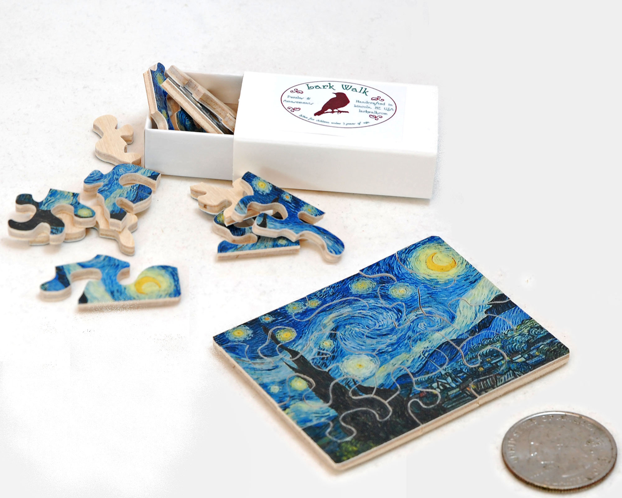 Mini Matchbox Puzzle - Starry Night by van Gogh.  Miniature Wooden Jigsaw Puzzle - Hand cut wood puzzle.