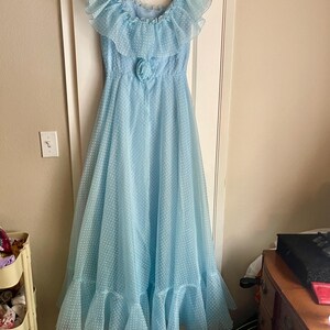 1970s Blue Empire Waist Prom Dress: Vintage Lace Capelet Gown - Etsy 1970s Blue Empire Waist Prom Dress: Vintage Lace Capelet Gown - Etsy