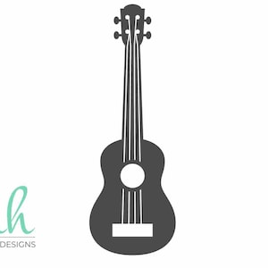 May include: A black silhouette of a ukulele with four strings. The ukulele has a round sound hole and a rectangular fretboard.