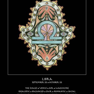 Libra astrología gráfico zodiaco bellas artes impresión cumpleaños vacaciones bebé regalo Hamsa