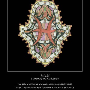 Piscis astrología gráfico zodiaco bellas artes impresión cumpleaños vacaciones bebé regalo Hamsa