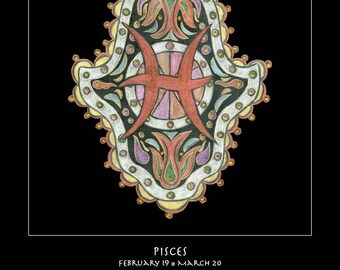 Pisces Hamsa Fine Art Print - Astrology Talisman Wall Art, Sacred Symbol Decor, Personal Blueprint Archive, Unframed Celestial Ma