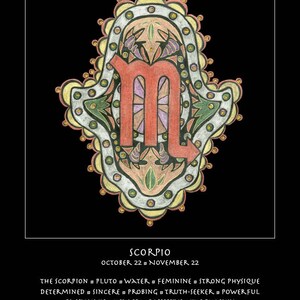Escorpio astrología carta zodiaco bellas artes impresión cumpleaños vacaciones bebé regalo Hamsa