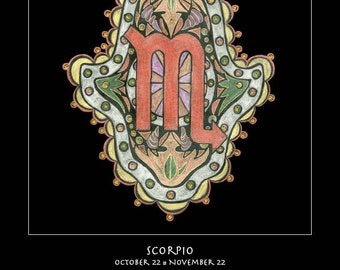 Scorpio Hamsa Fine Art Print - Astrology Talisman Wall Art, Sacred Symbol Decor, Personal Blueprint Archive, Unframed Celestial Ma