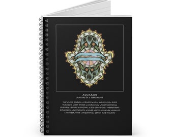 Aquarius Zodiac Hamsa Notebook - Personal Blueprint Journal - Astrology Lovers, Sacred Symbol Talisman Stationery, Spiral Ruled Line Journal