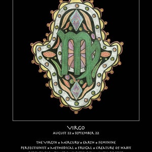 Virgo astrología carta zodiaco bellas artes impresión cumpleaños vacaciones bebé regalo Hamsa