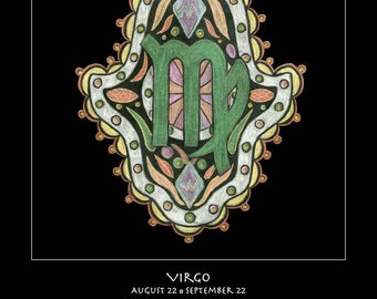 Virgo Hamsa Fine Art Print - Astrology Talisman Wall Art, Sacred Symbol Decor, Personal Blueprint Archive, Unframed Celestial Ma