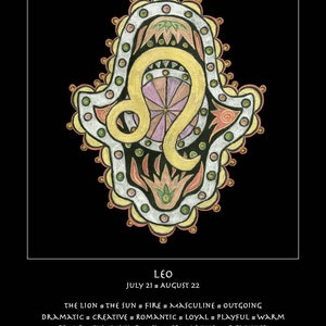 Leo astrología carta zodiaco bellas artes impresión cumpleaños vacaciones bebé regalo Hamsa