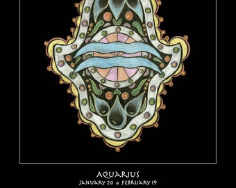 Aquarius Hamsa Fine Art Print - Astrology Talisman Wall Art, Sacred Symbol Decor, Personal Blueprint Archive, Unframed Celestial Ma