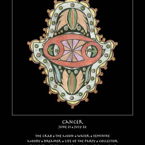 Cáncer astrología carta zodiaco bellas artes impresión cumpleaños vacaciones bebé regalo Hamsa