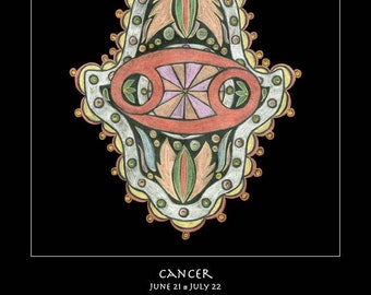 Cancer Hamsa Fine Art Print - Astrology Talisman Wall Art, Sacred Symbol Decor, Personal Blueprint Archive, Unframed Celestial Ma