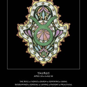 Tauro astrología carta zodiaco bellas artes impresión cumpleaños vacaciones bebé regalo Hamsa