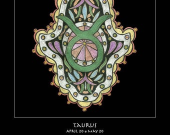 Taurus Hamsa Fine Art Print - Astrology Talisman Wall Art, Sacred Symbol Decor, Personal Blueprint Archive, Unframed Celestial Ma