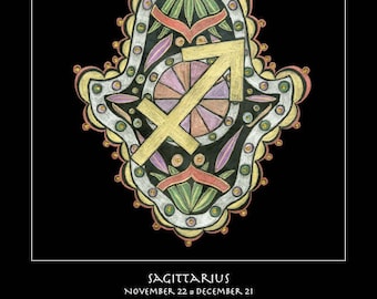 Sagittarius Hamsa Fine Art Print - Astrology Talisman Wall Art, Sacred Symbol Decor, Personal Blueprint Archive, Unframed Celestial Ma