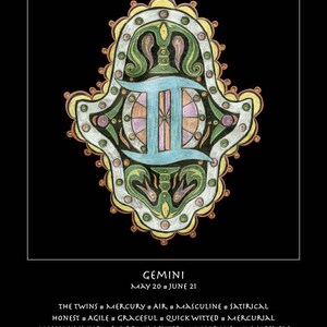 Géminis astrología carta zodiaco bellas artes impresión cumpleaños vacaciones bebé regalo Hamsa