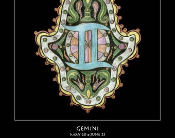 Gemini Hamsa Fine Art Print - Astrology Talisman Wall Art, Sacred Symbol Decor, Personal Blueprint Archive, Unframed Celestial Ma