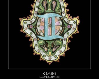 Gemini astrology chart zodiac fine art print birthday holiday baby gift Hamsa