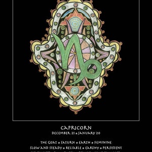 Capricornio astrología carta zodiaco bellas artes impresión cumpleaños vacaciones bebé regalo Hamsa